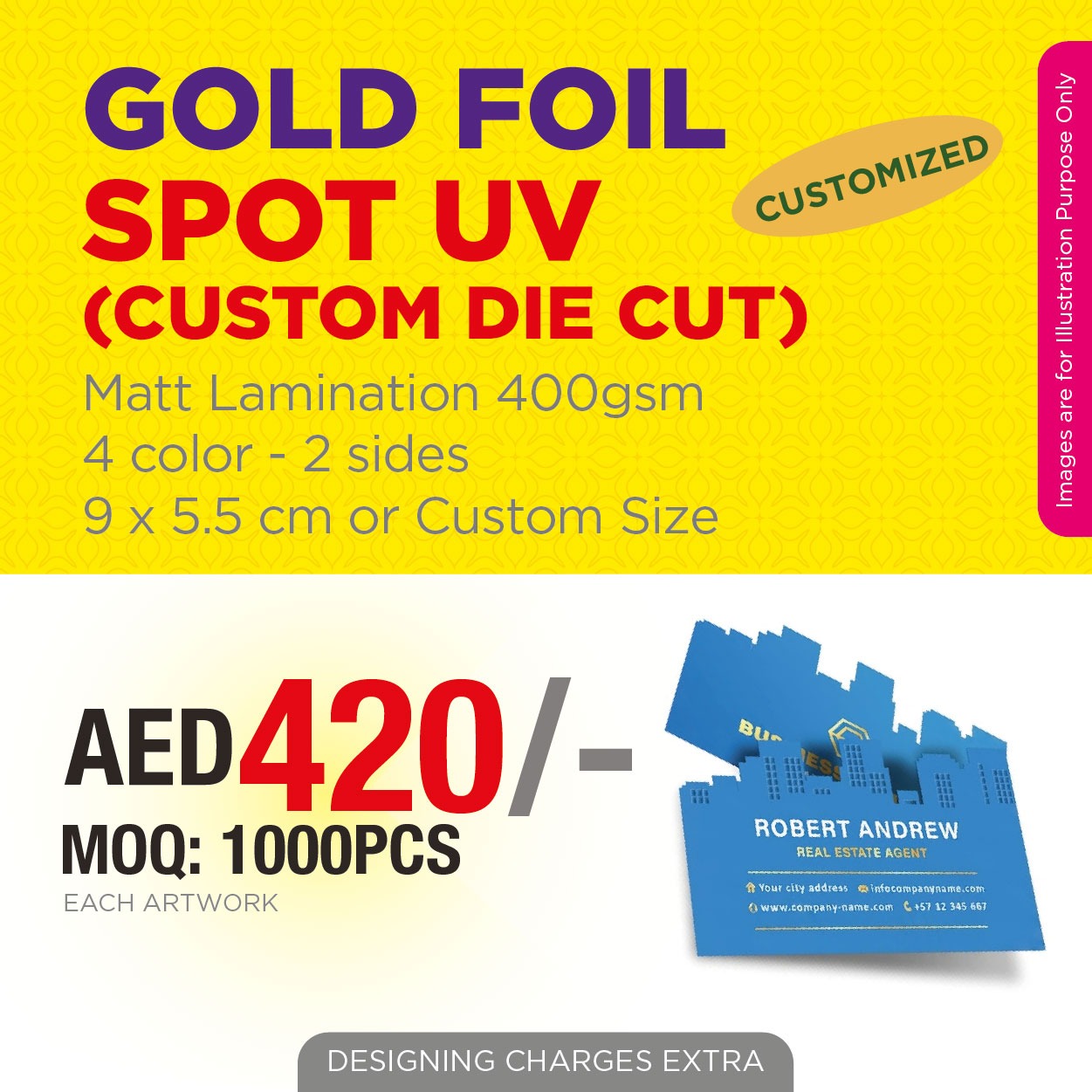 Luxury Gold Foil Spot UV Business Cards UAE | Custom Die Cut Cards